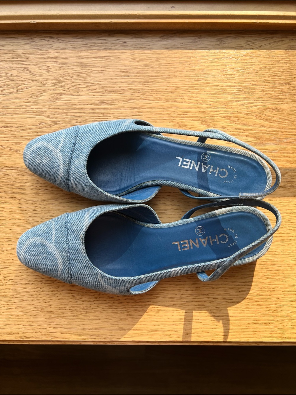 CHANEL Light Blue Denim Slingback Flats